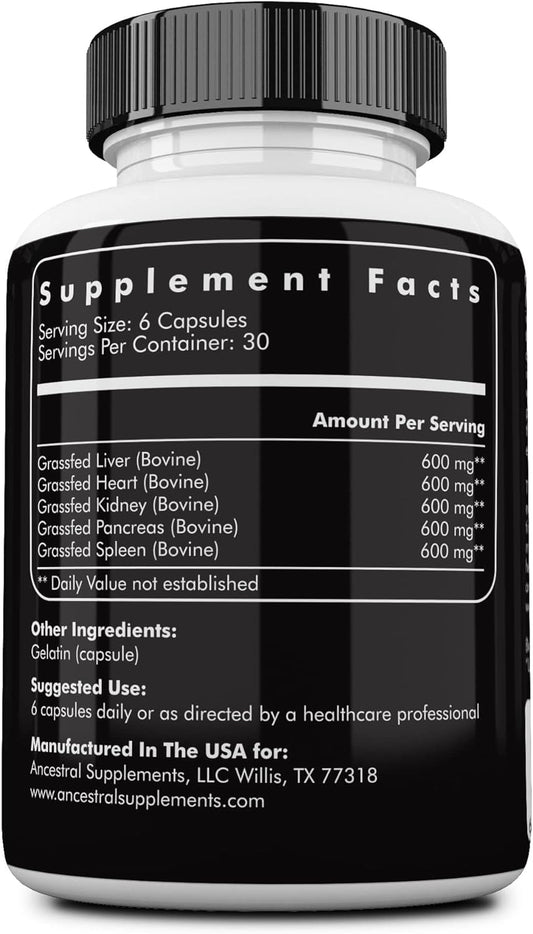 Ancestral Supplements Grass Fed Beef Organ Supplement, Supports Whole Body Wellness with Proprietary Blend of Liver, Heart, Kidney, Pancreas, Spleen, Freeze-Dried Beef, Non-GMO, 180 Capsules