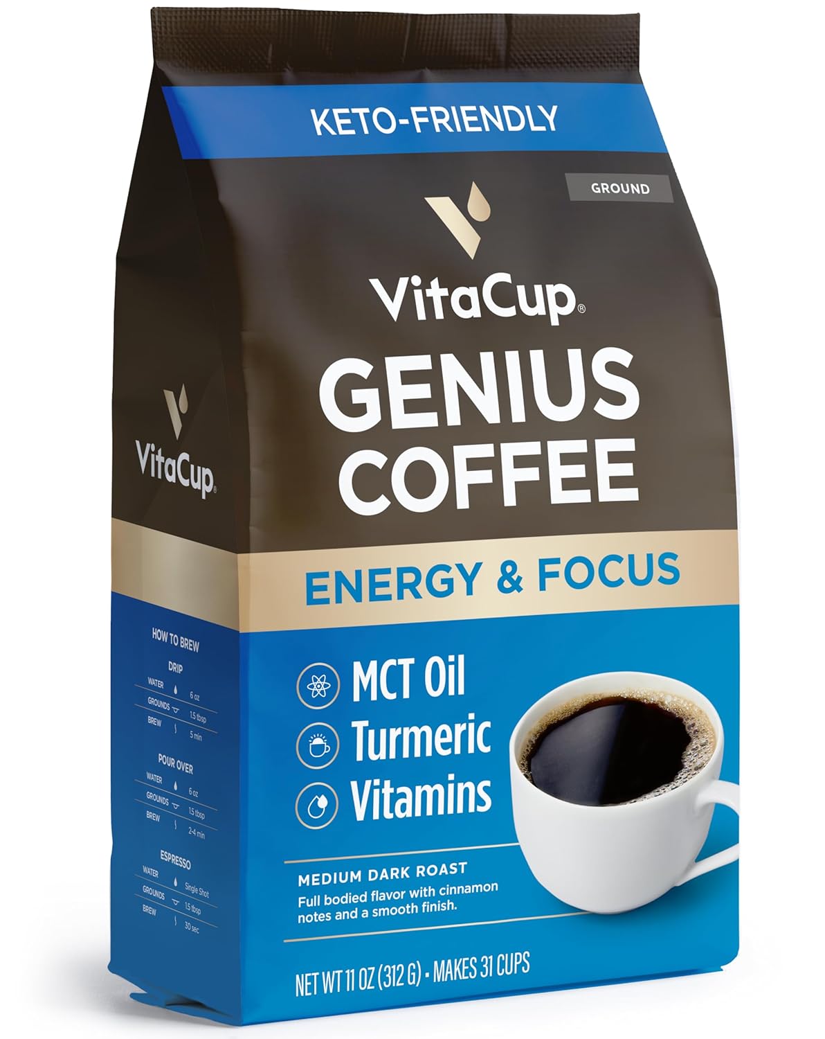 Vitacup Genius Ground Keto Coffee W/Turmeric, Mct Oil, B Vitamins, D3, Ground Coffee Medium Dark Roast, Bold & Smooth, 100% Arabica Coffee Grounds, 11 Oz