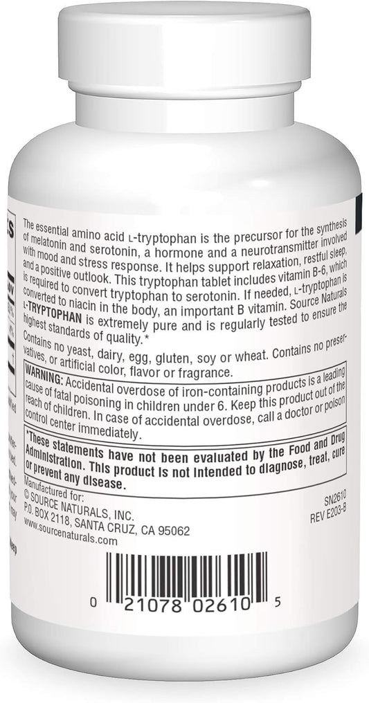 Source Naturals L-Tryptophan With Vitamin B-6 1000 Mg Support Mood, Relaxation And Sleep - 90 Tablets