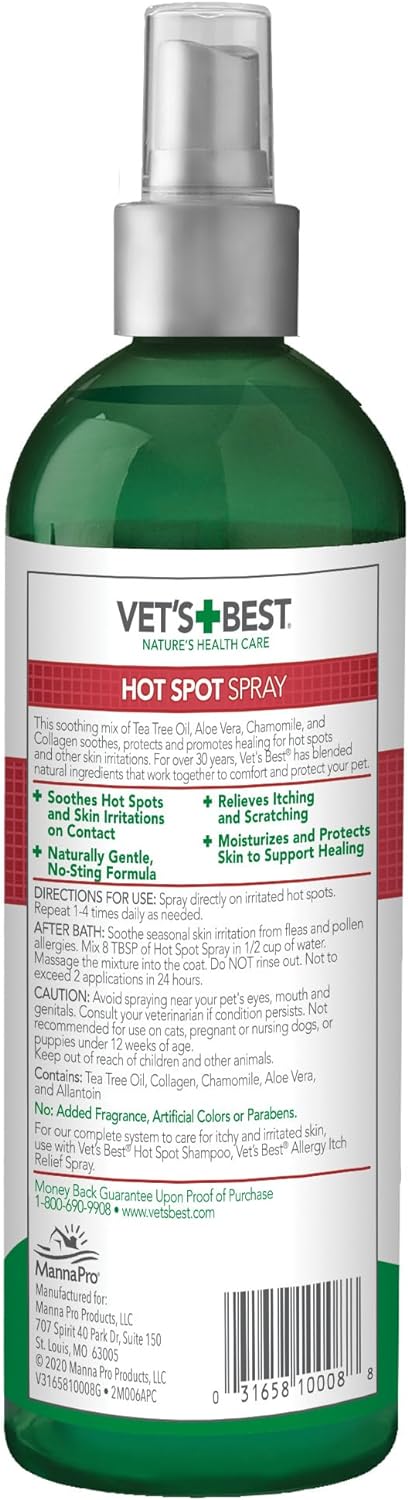 Vet’s Best Dog Hot Spot Itch Relief Spray | Relieves Dry Skin, Rash, Scratching, Licking, Itchy Skin, and Hot Spots | No-Sting and Alcohol Free | 16 Ounces