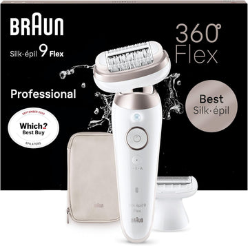 Braun Silk-Épil 9 Flex Epilator, Flexible Head For Easier Hair Removal With Ladies Electric Shaver And Trimmer, Gifts For Women, Uk 2 Pin Plug, 9-020, White/Gold