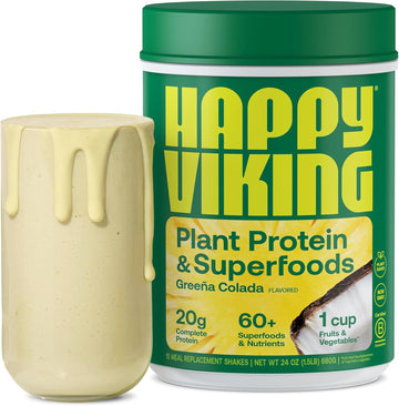 Happy Viking Greeña Colada Plant Protein Powder, Created By Venus Williams, 20G Protein, Low Carb, Keto, Vegan, Gluten-Free, Non-Gmo, Superfoods, Complete Meal Replacement, 1 Canister (24 Oz.)