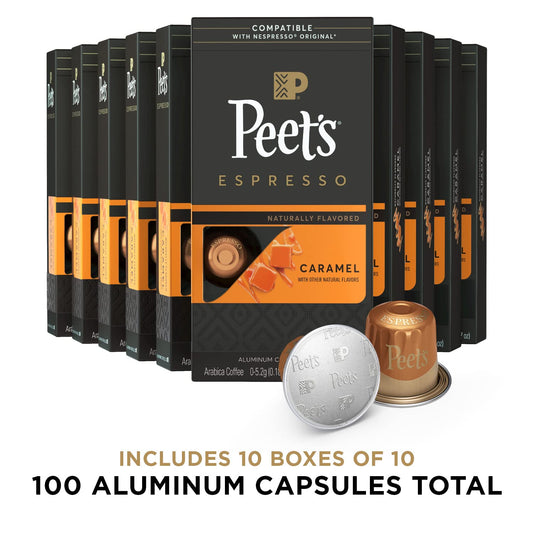 Peet's Coffee, Dark Roast Espresso Capsules, Caramel 100 Count (10 Boxes of 10 Espresso Pods)
