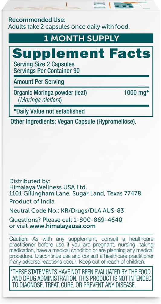 Himalaya Moringa, 60 Capsules, Green Superfood For Antioxidant Support And Wellness, 1000 Mg, 1 Month Supply, Non-Gmo Project Verified, Vegan, Gluten Free Supplement, Additive Free