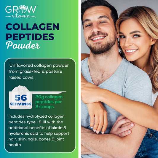 Collagen Peptides Powder 20G With Hyaluronic Acid & Biotin - Unflavored Grass Fed Collagen Powder With Hydrolyzed Type I & Iii Collagen Supplements - Hair, Nail, Skin & Joint Support - 56 Servings