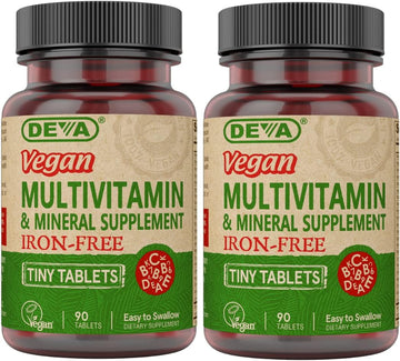 Deva Tiny Tablets Vegan Multivitamins For Women & Men, Multivitamin Iron Free, Mineral Supplement, Vitamin C, Vitamin B Complex, Vitamin B12, Vitamin E, Zinc, Gluten Free (2 Pack - 90 Tablets Ea)
