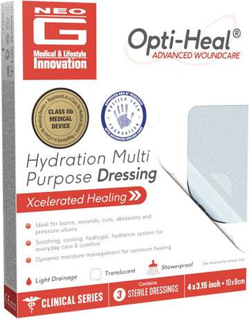 Opti-Heal Hydration Multi Purpose Dressing - Neo G Burn Dressings Hydrogel Wound Dressings Adhesive For Burns, Cuts, Pressure Sores, Ulcer Treatment - 10X8 Cm 3 Pcs