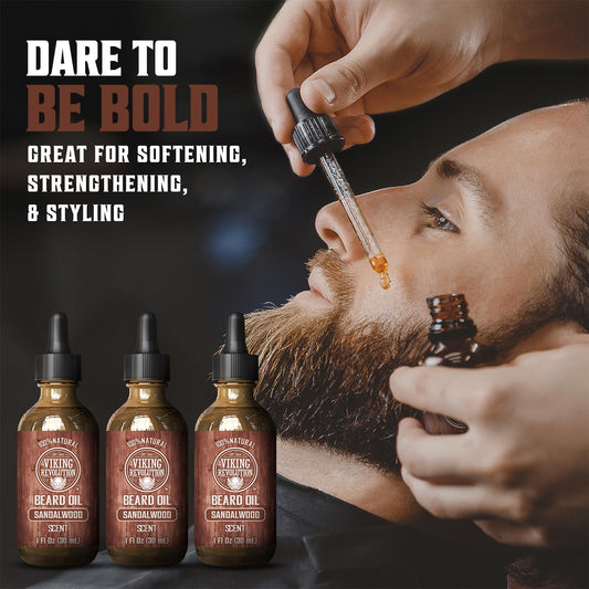 Viking Revolution Sandalwood Beard Oil For Men - Natural Mens Beard Oil With Argan Oil And Jojoba Oil - Beard Softener, Strengthens And Moisturizes - Beard Conditioner For Men (Sandalwood, 3 Pack)