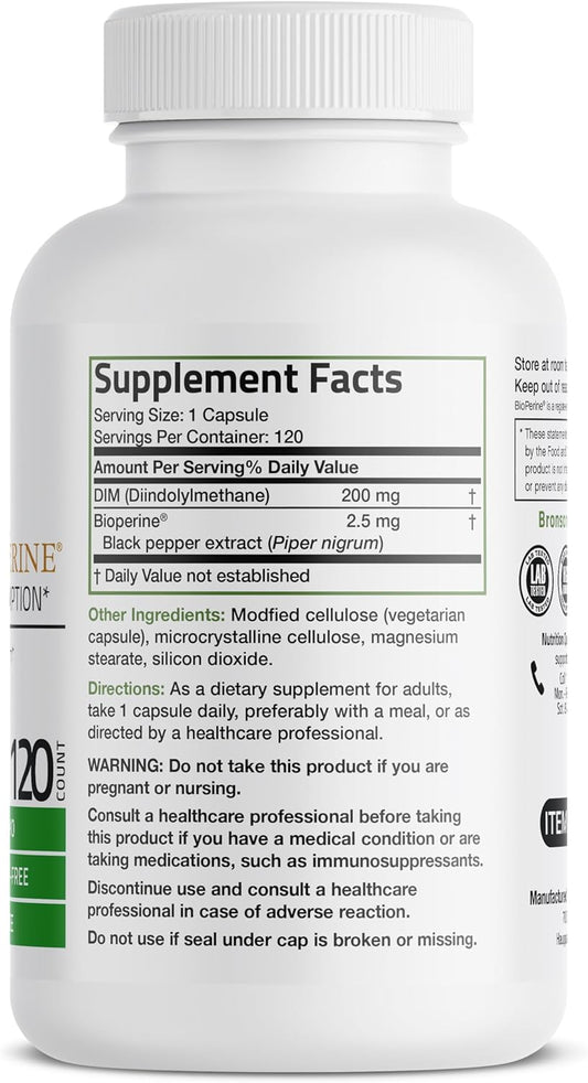 Bronson Dim Supplement 200 Mg Diindolymethane With Bioperine For Enhanced Absorption, Estrogen Metabolism & Maintains Balanced Hormone Levels, 120 Vegetarian Capsules