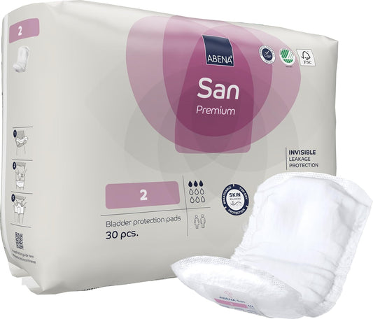 Abena San 2 Premium Incontinence Pads Women and Men | 350ml Absorbency | 30PK | Fast Absorbing Incontinence Pads, Discreet & Effective Shaped Incontinence Pads for Men and Women