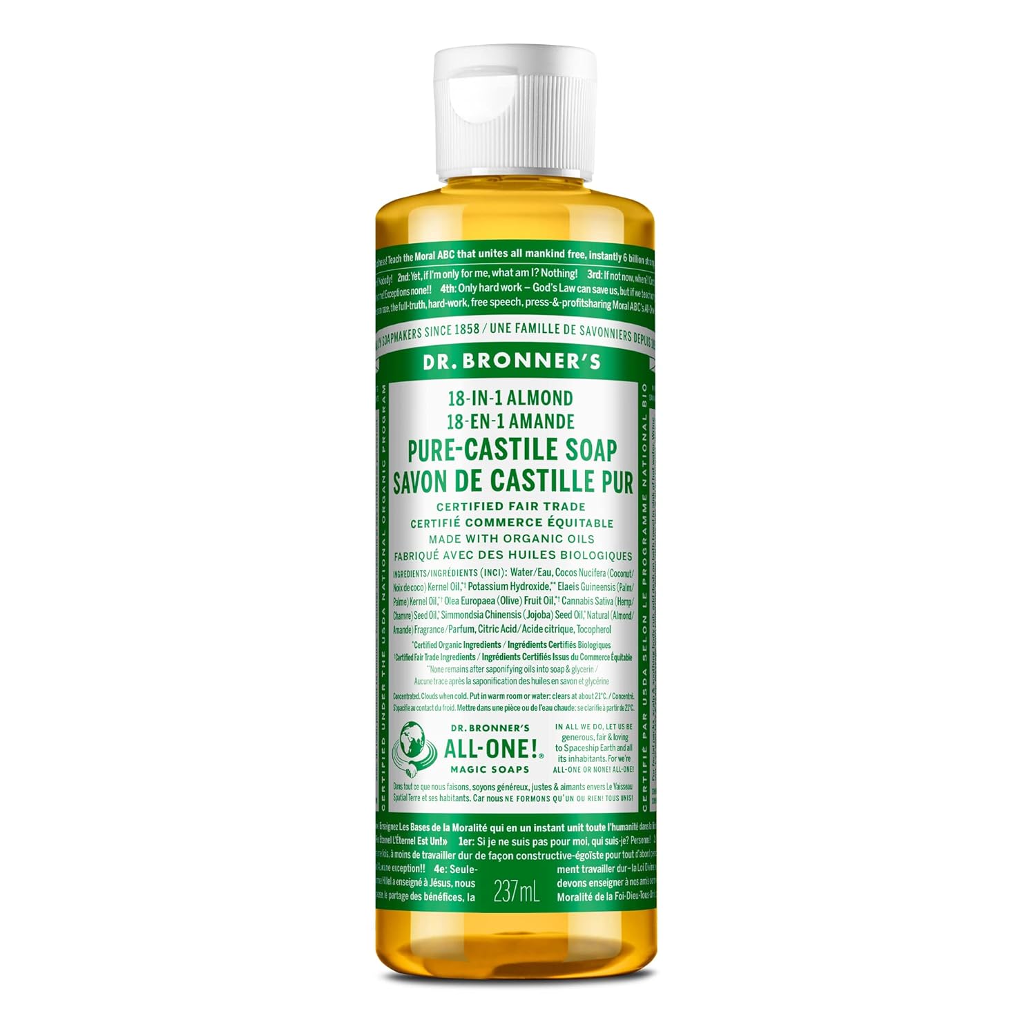 Dr. Bronner'S - Pure-Castile Liquid Soap (Almond, 8 Ounce) - Made With Organic Oils, 18-In-1 Uses: Face, Body, Hair, Laundry, Pets And Dishes, Concentrated, Vegan, Non-Gmo