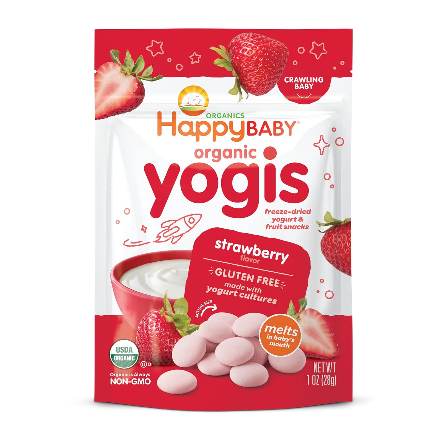 Happy Baby Organic Yogis Freeze-Dried Yogurt & Fruit Snacks, Strawberry, 1 Ounce