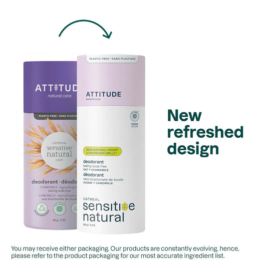 ATTITUDE Baking Soda Free Deodorant for Sensitive Skin with Oatmeal and Chamomile, EWG Verified, Aluminum Free, Plastic-Free, 3 Ounces