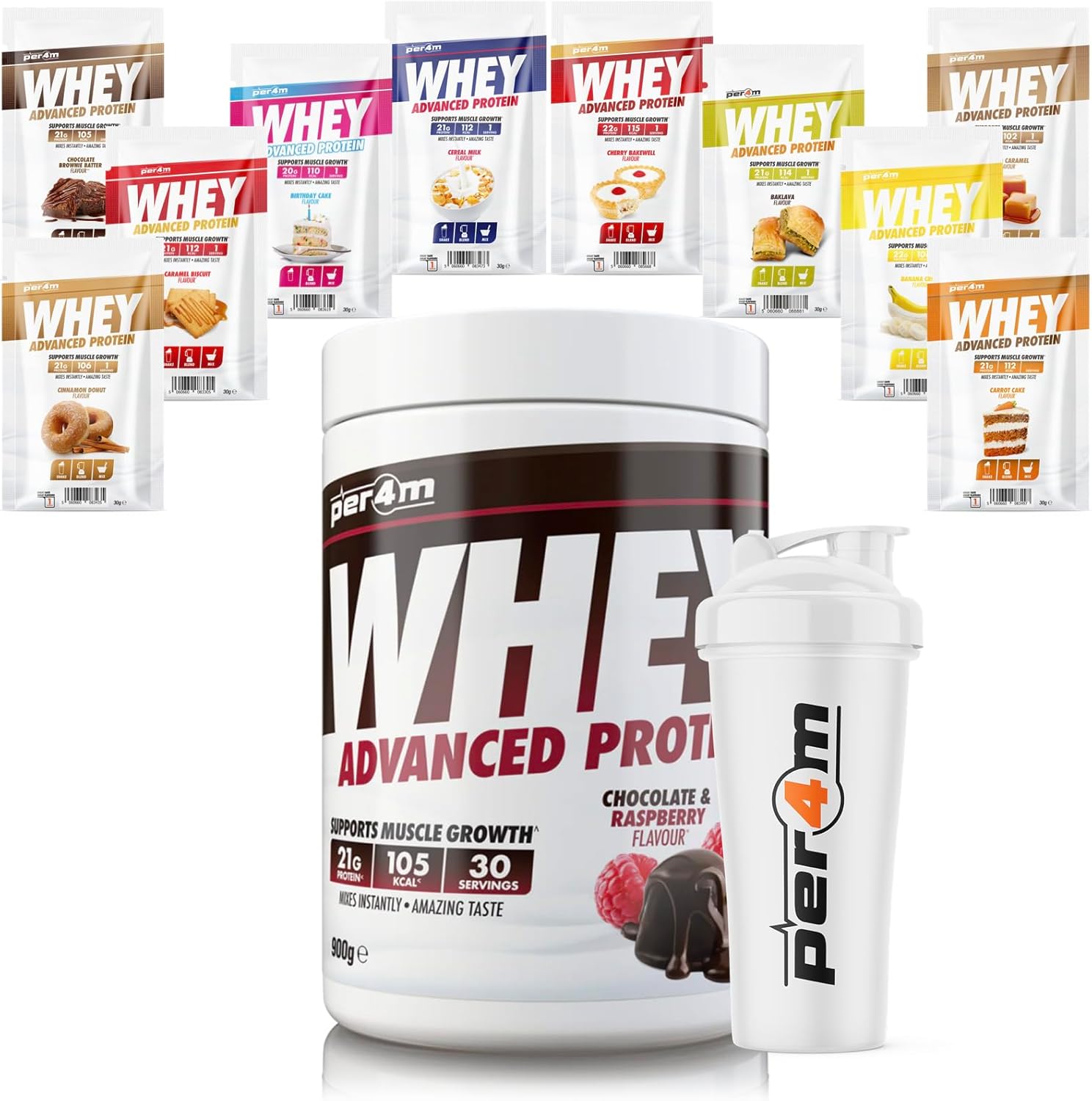 Per4M Advanced Whey Protein Powder | 30 Serving Low Sugar Protein Shake With Amino Acids | Perfect For Your Gym Bag And Travel | Shaker & 5 Mixed Selection Sachets (900G, Chocolate Peanut Butter)