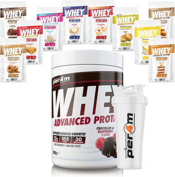 Per4M Advanced Whey Protein Powder | 30 Serving Low Sugar Protein Shake With Amino Acids | Perfect For Your Gym Bag And Travel | Shaker & 5 Mixed Selection Sachets (900G, Chocolate Peanut Butter)