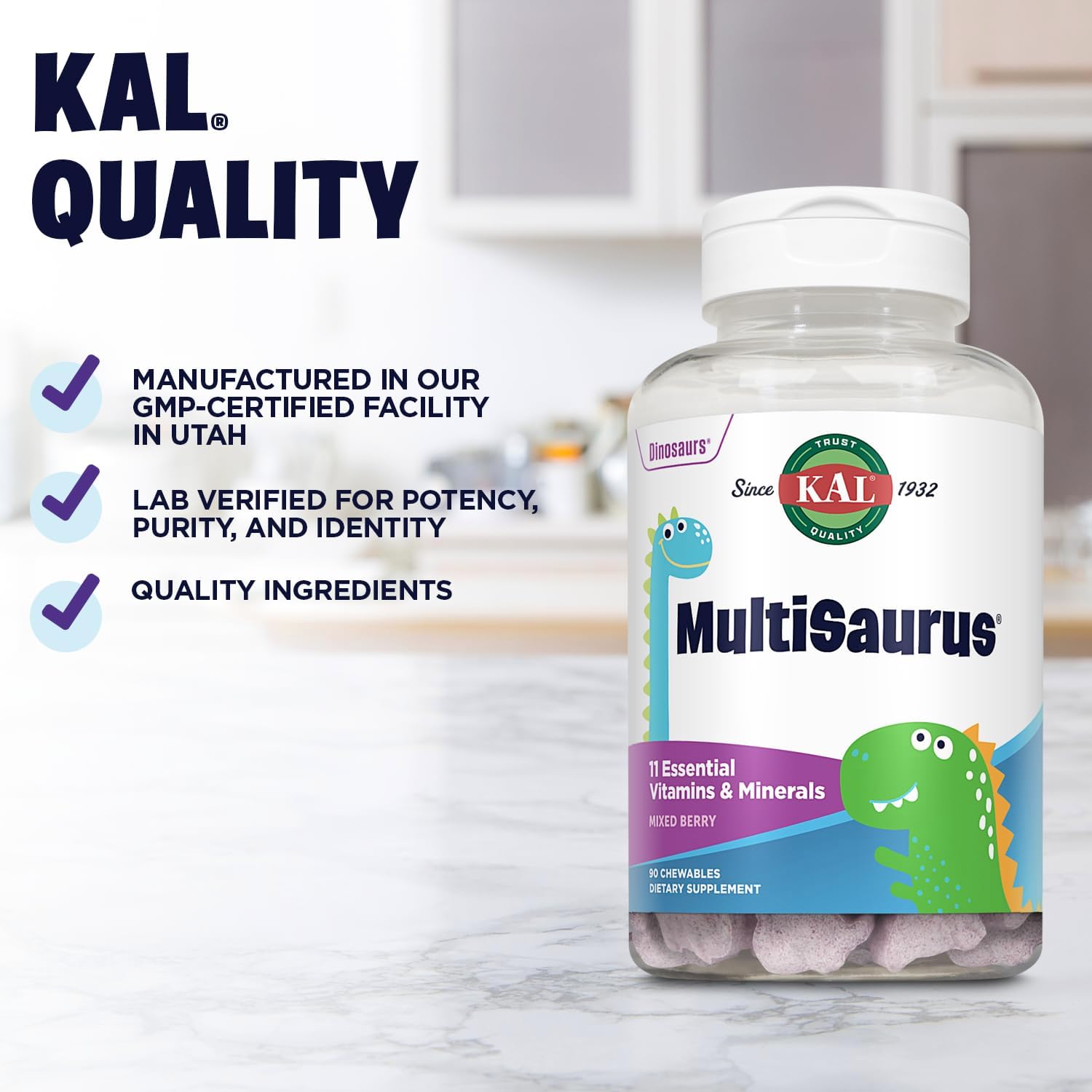 KAL MultiSaurus Kids Chewable Multivitamins, 11 Essential Vitamins and Minerals for Kids, Mixed Berry Flavor, Gluten and Preservative Free, 90 Servings, 90 Dinosaur-Shaped Chewables : Office Products