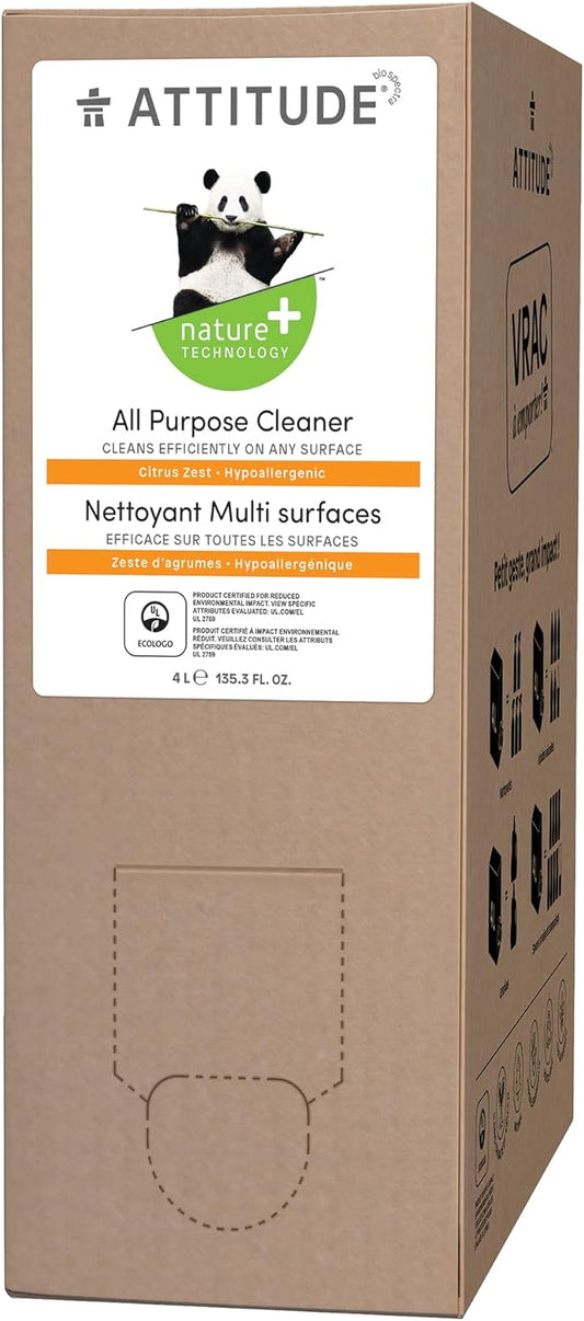 Attitude All Purpose Cleaner, Ewg Verified Multi-Surface Products, Vegan, Naturally Derived Multipurpose Cleaning Spray, Citrus Zest, Bulk Refill, 135.26 Fl Oz