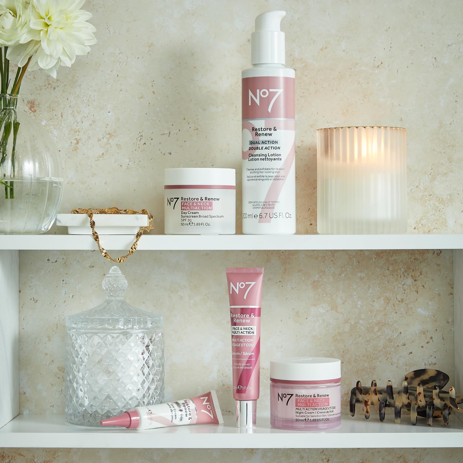 No7 Restore & Renew Dual Action Cleansing Lotion - Facial Cleanser & Exfoliant With Alpha Hydroxy Acid - Cleansing Lotion Makeup Remover For Anti-Aging