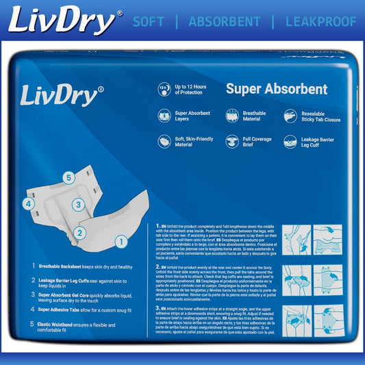LivDry MegaBriefs Adult Diapers with Tabs, Max 12-Hour Capacity, Super Absorbent Incontinence Underwear, Leak Protection Briefs, Large, 16-Pack