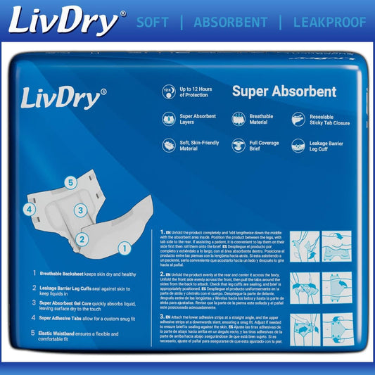 Livdry Megabriefs Adult Diapers With Tabs, Max 12-Hour Capacity, Super Absorbent Incontinence Underwear, Leak Protection Briefs, Large, 16-Pack