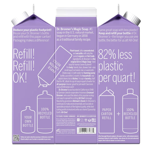 Dr. Bronner's - Pure-Castile Liquid Soap Refill, 82% Less Plastic per Quart, Made with Organic Oils, For Face, Body, Hand Soap Refill (32oz, Lavender)