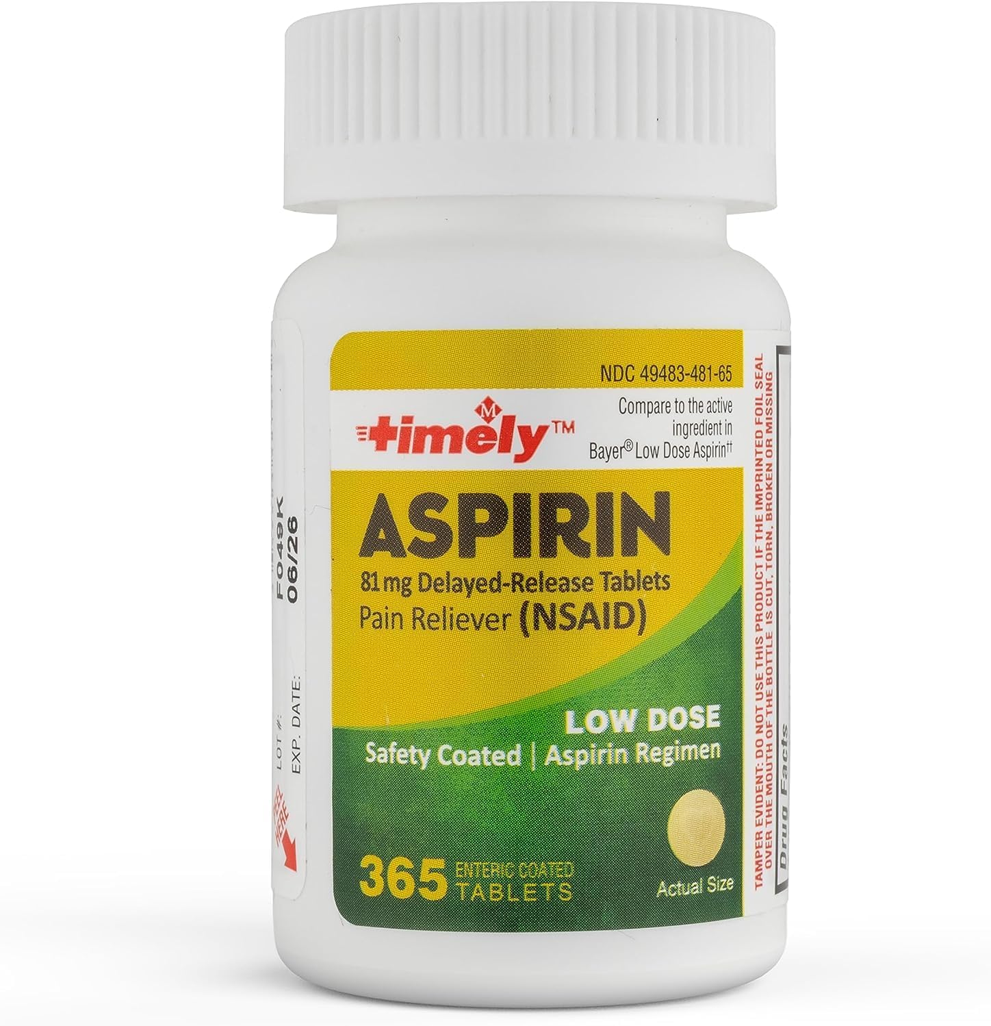 Timely - Low Dose Aspirin 81mg - 365 Count - Compared to the active ingredient in Bayer Low Dose - Enteric Coated Low Strength - Pain Reliever for Minor Aches and Pains, Fever Reducer - Made in USA