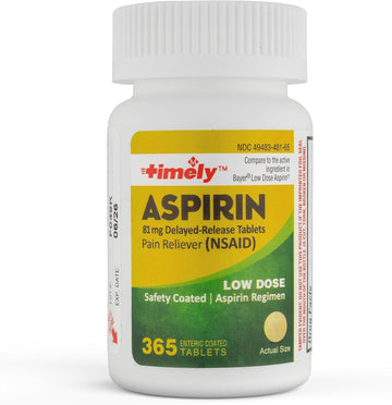 Timely - Low Dose Aspirin 81mg - 365 Count - Compared to the active ingredient in Bayer Low Dose - Enteric Coated Low Strength - Pain Reliever for Minor Aches and Pains, Fever Reducer - Made in USA