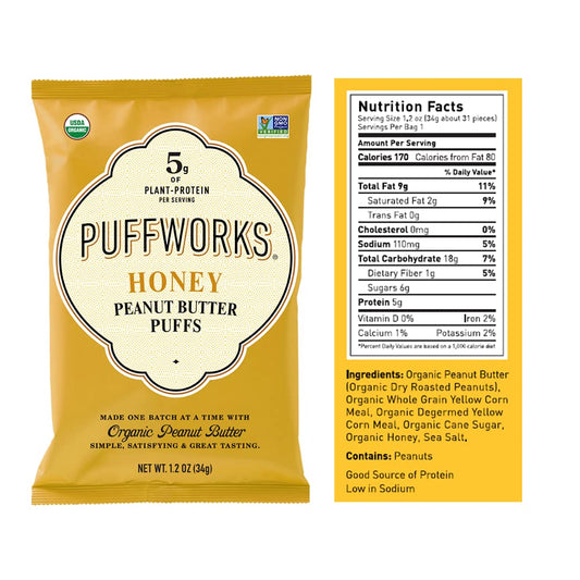 Puffworks Honey Organic Peanut Butter Puffs, 1.2 Ounce (Pack of 6), Plant-Based Protein Snack, Gluten-Free, Dairy Free, Kosher