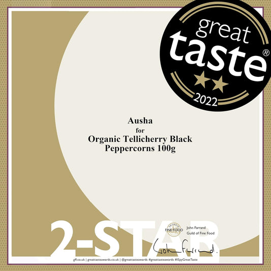 Ausha Organic Tellicherry Black Peppercorns Whole 100G - Smoked - Uk Certified Organic By Soil Association - Premium Quality - 2** Great Taste Award