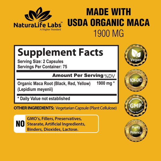 Organic Maca Root Black, Red, Yellow 1900 MG per Serving - 150 Vegan Capsules Peruvian Maca Root Gelatinized 100% Pure Non-GMO Supports Reproductive Health Natural Energizer