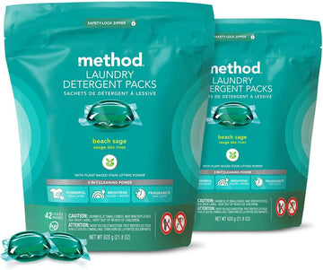 Method Laundry Detergent Packs; Beach Sage Scent; Hypoallergenic Formula & Plant-Based Stain Remover Solution That Works In Hot & Cold Water; 42 Packs Per Bag; 2 Pack (84 Loads); Packaging May Vary