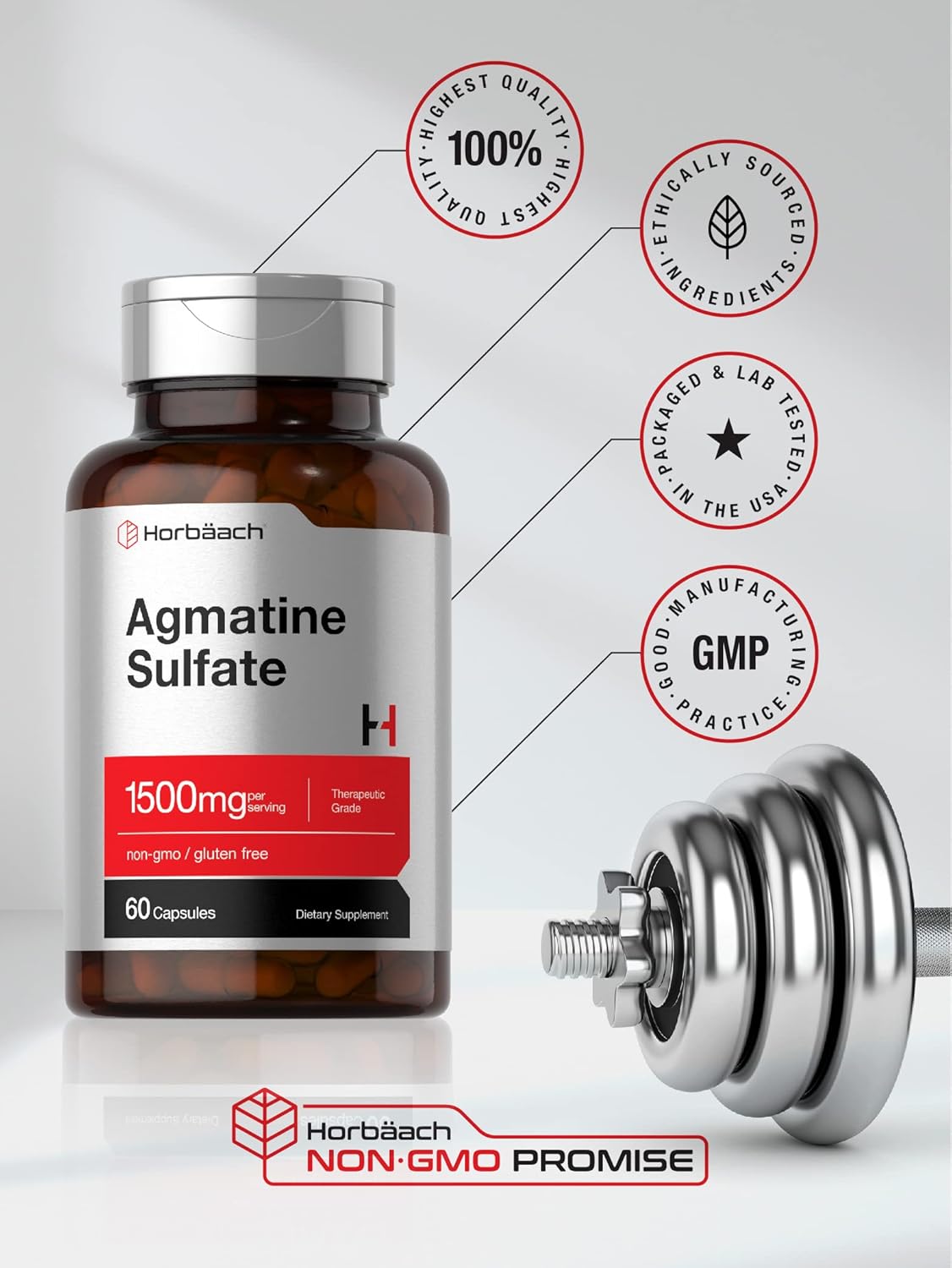 Horbäach Agmatine Sulfate Capsules 1500mg | 60 Pills | Pharmaceutical Grade | Non-GMO, Gluten Free Supplement