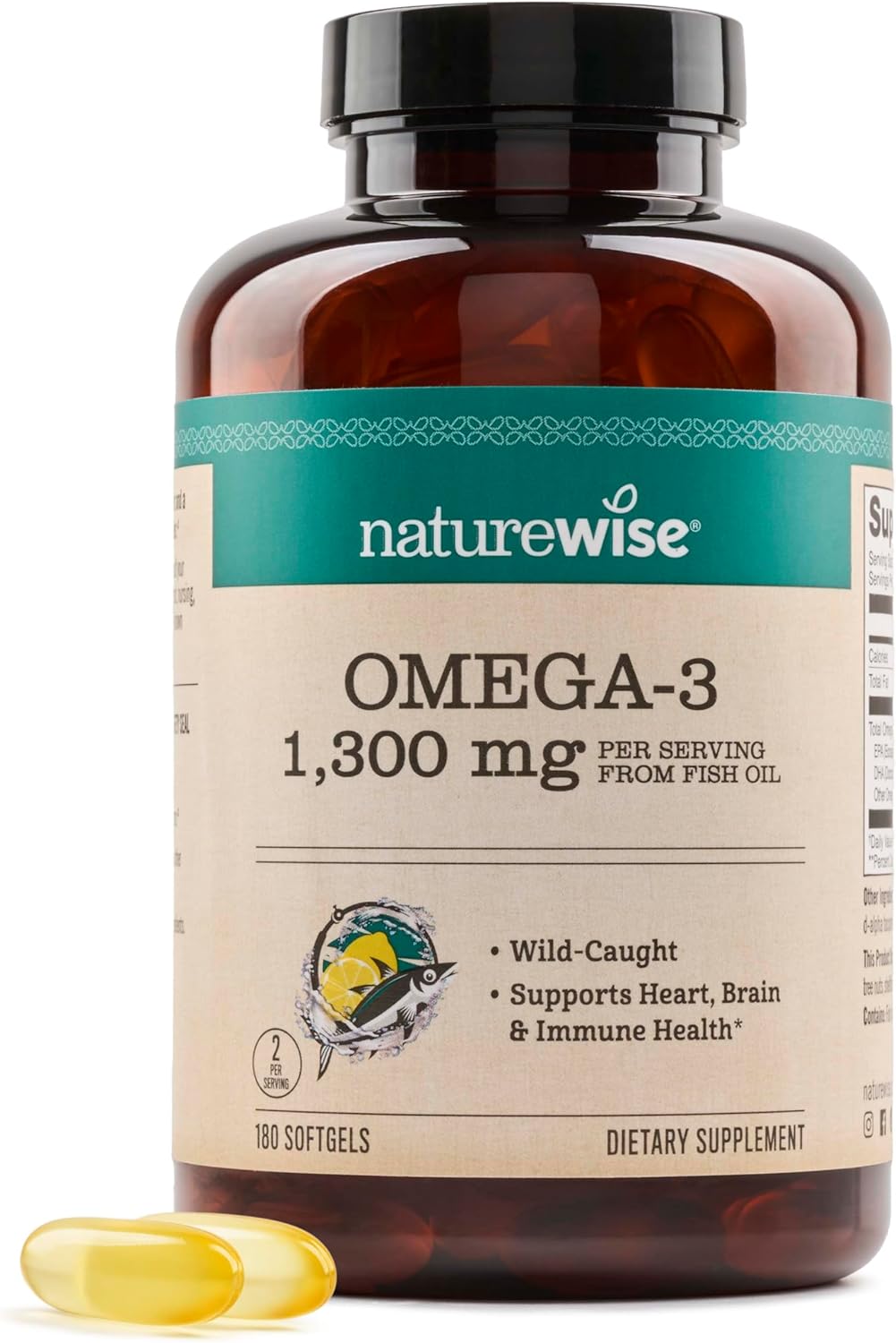 Naturewise High Potency Omega 3 1300 Mg As Tg From Wild Ocean-Caught Fish Oil For Ultra Absorption - Brain & Heart Health - Burpless, Gluten, Dairy, & Soy Free, Non-Gmo - 180 Softgels[3-Month Supply]