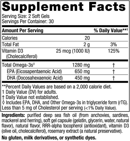 Nordic Naturals Ultimate Omega-D3, Lemon Flavor - 60 Soft Gels - 1280 mg Omega-3 + 1000 IU Vitamin D3 - Omega-3 Fish Oil - EPA & DHA - Promotes Brain, Heart, Joint, & Immune Health - 30 Servings