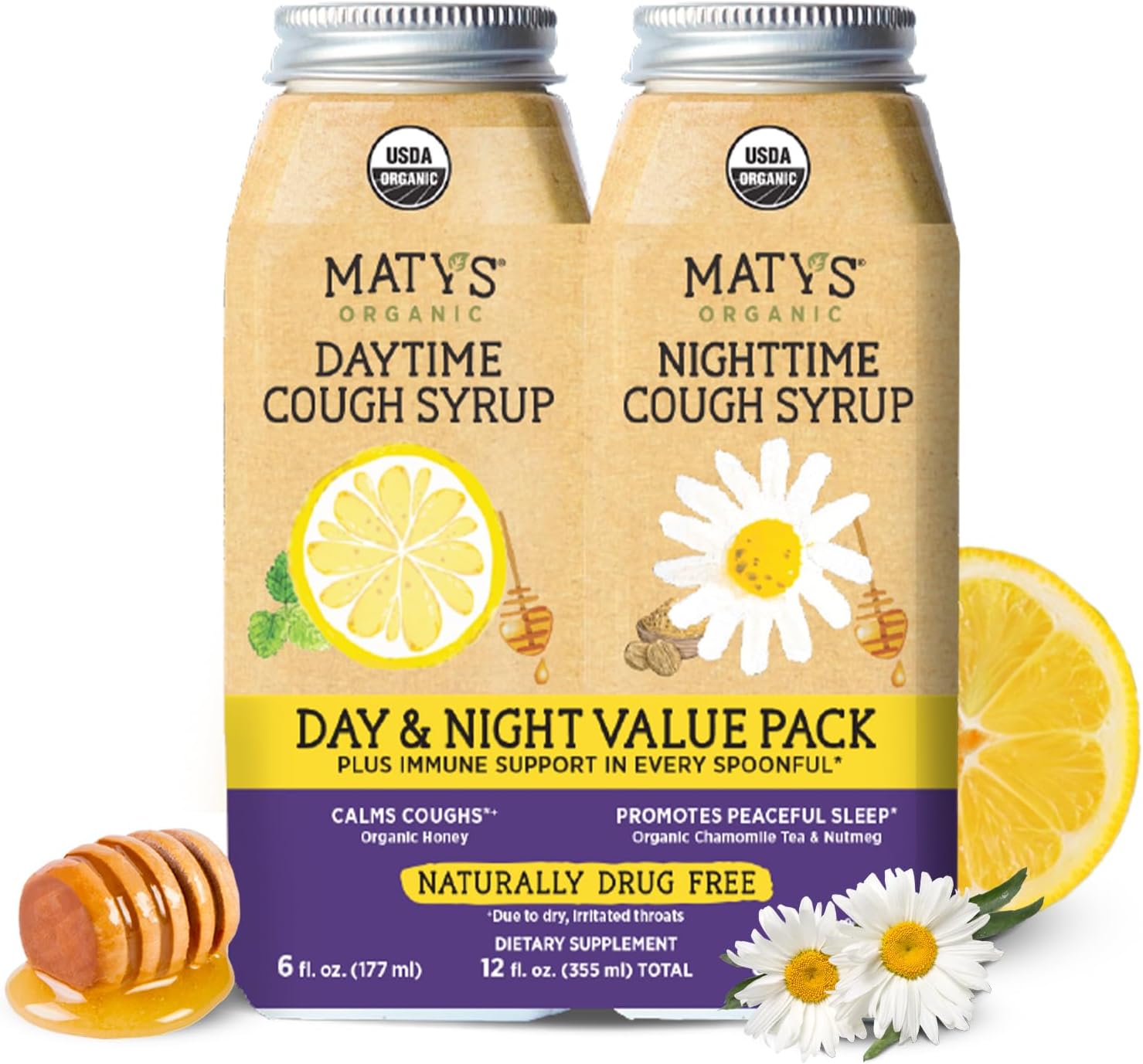 Matys Organic Adult Cough Syrup Day & Night Value Pack for Adults & Children 12 Years + Up, Soothing Daytime & Nighttime Cough Relief w/Organic Honey & Zinc, Alcohol & Drug Free, 2 Pack, 6 Fl Oz Each