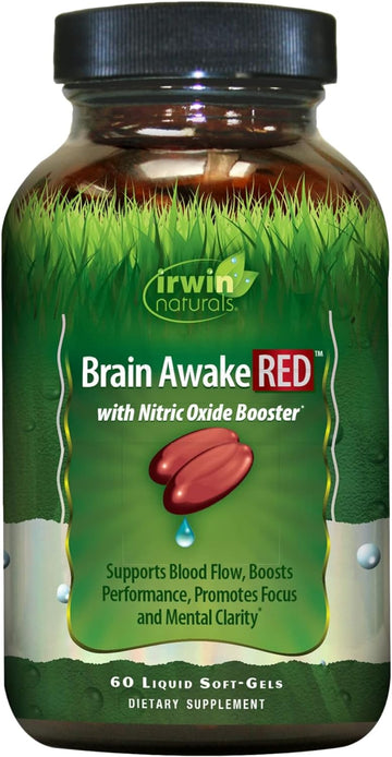 Irwin Naturals Brain Awake Red + Nitric Oxide Boosters Enhanced Performance, Focus & Mental Clarity - Nootropic With L-Citrulline, Ginkgo - 60 Liquid Softgels