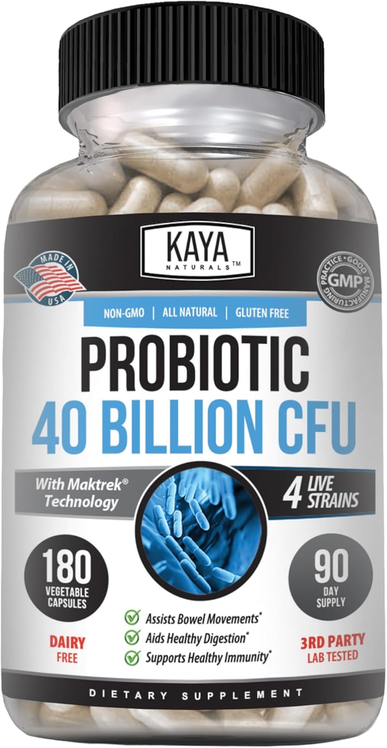 Kaya Naturals Probiotic 40 Billion Cfu | Probiotics For Women, Probiotics For Men And Adults, Natural | Gut Health & Immune Support Supplement | Promotes Digestive Health - 180 Count