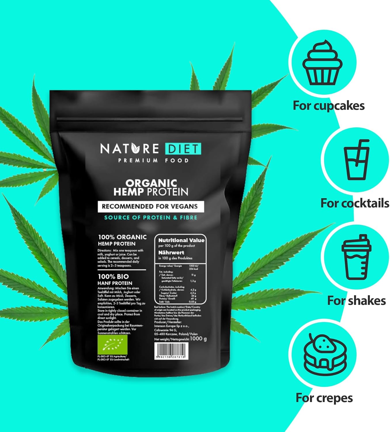 Nature Diet Bio Hemp Protein | 500 G | Eu-Certified Organic | Plant-Based Protein Powder | High In Fibre | Vegan, Gluten-Free & Lactose-Free | Ideal For Smoothies, Shakes & Baking