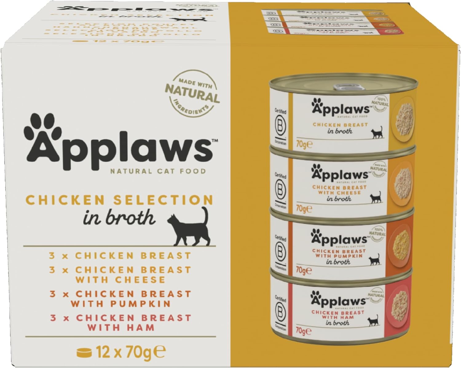 Applaws Natural Wet Cat Food Tin, Chicken Multipack Selection in Broth 70g (Pack of 12 x 70g Tins)?1017ML-AC
