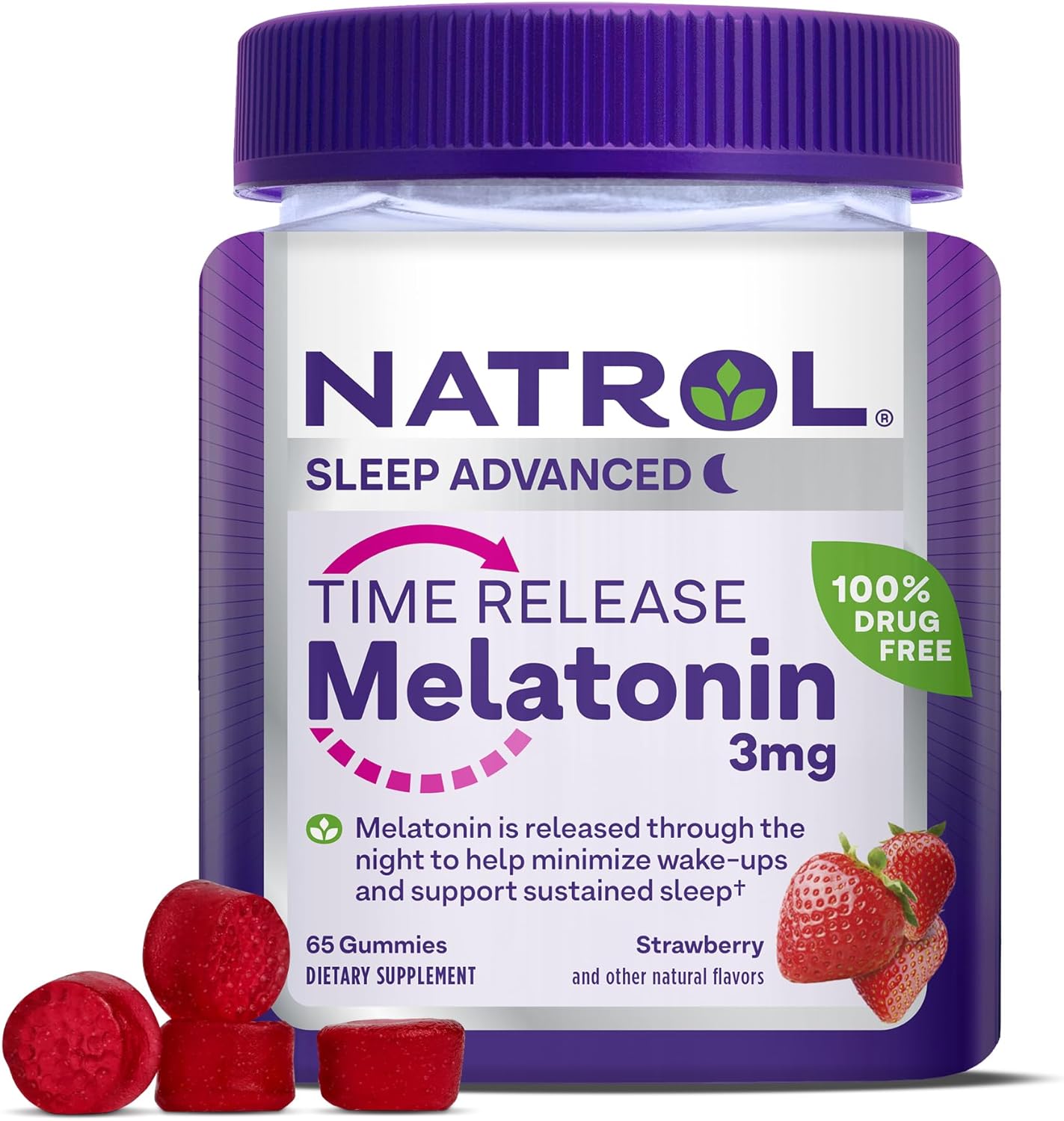 Natrol Time Release Melatonin 3 Mg, Dietary Supplement For Restful Sleep, Sleep Gummies For Adults, 65 Strawberry-Flavored Melatonin Gummies, 65 Day Supply