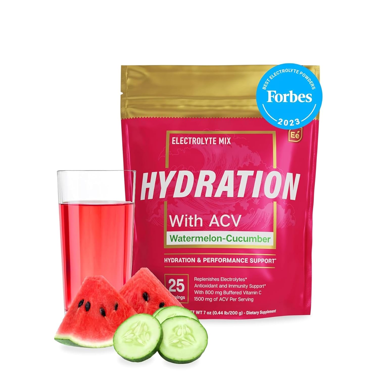 Essential Elements Hydration Packets - Watermelon Cucumber Pack - Sugar Free Electrolytes Powder Packets - 25 Stick Packs Of Electrolytes Powder No Sugar - Hydration Drink - With Acv & Vitamin C