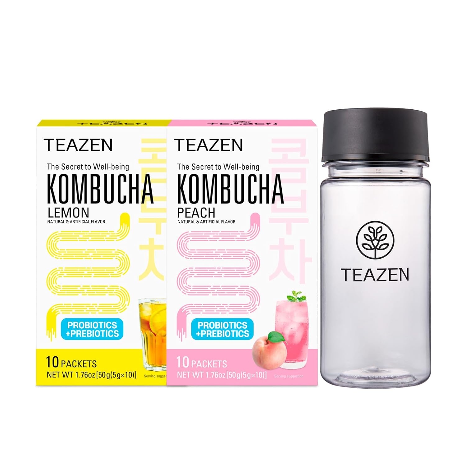 Teazen Kombucha Lemon, Peach Flavor 2 Pack With Classic Eco Bottle (Kombucha Powder 20 Sticks, Eco Bottle 1Ea X 11.8Oz)