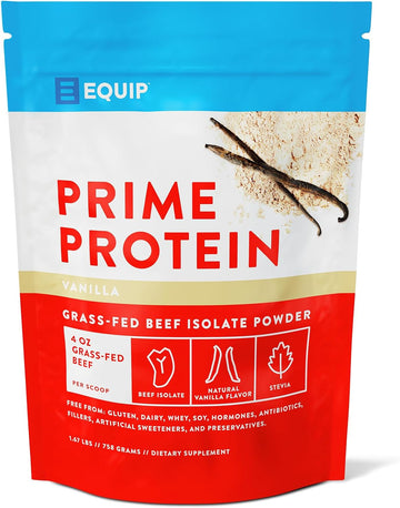 Equip Foods Prime Protein - Grass-Fed Beef Protein Powder Isolate - Gluten Free Carnivore Protein Powder - Vanilla, 1.67 Pounds - Helps Build And Repair Tissue