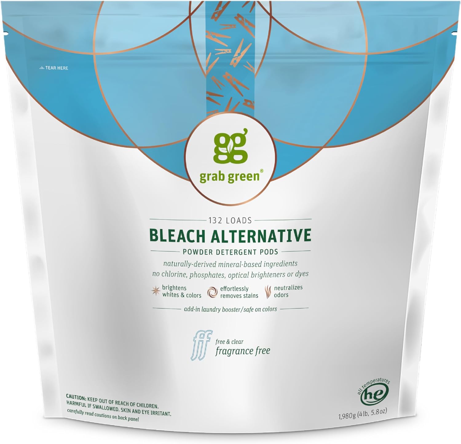 Grab Green Bleach Alternative Pods, 132 Count, Chlorine Free, Fragrance Free, Plant and Mineral Based, Laundry Booster to Brighten Whites, Removes Stains, Neutralizes Odors