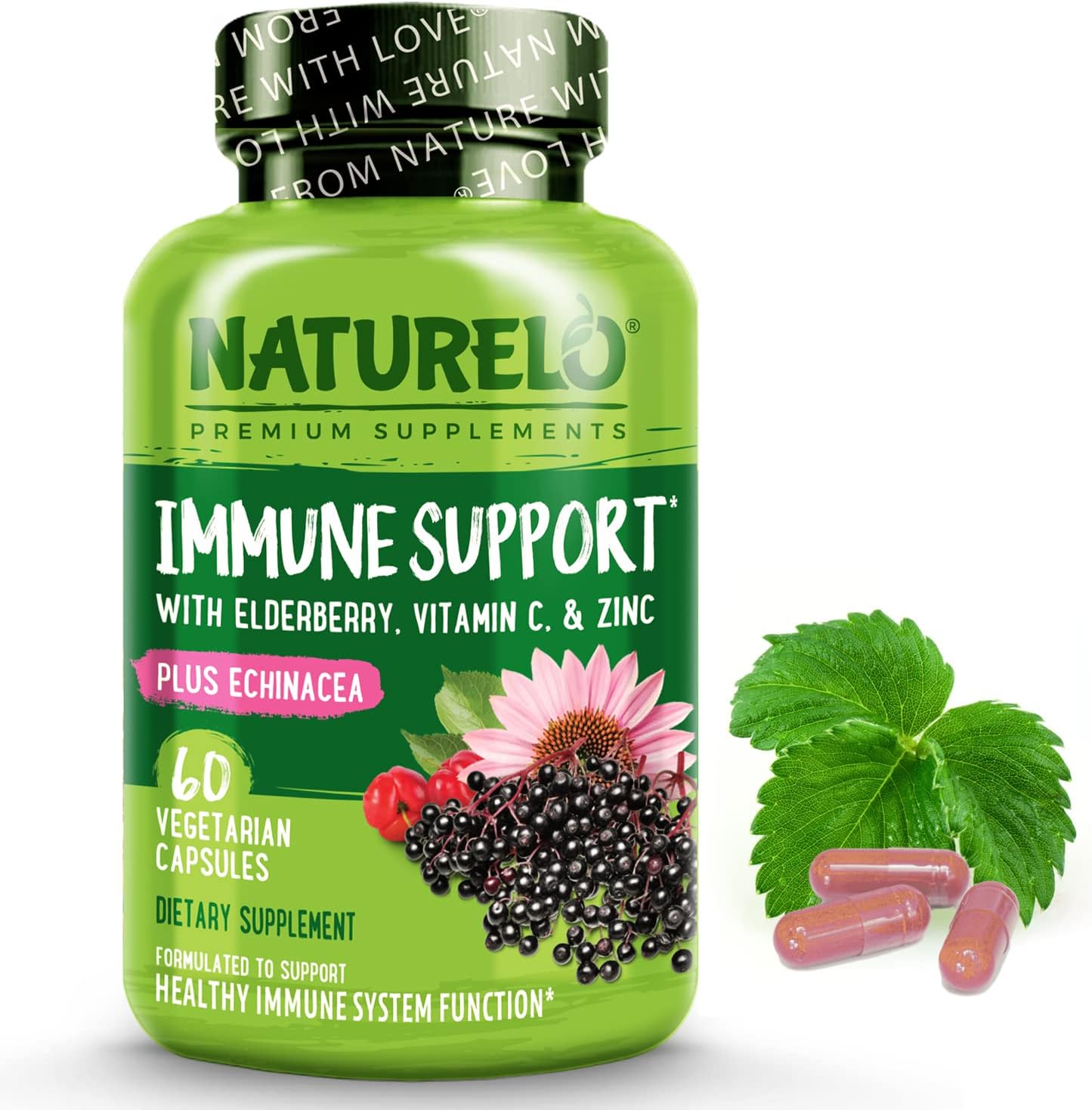 Naturelo Immune Support – Vitamin C, Elderberry, Zinc, Echinacea – Natural Immunity Boost W/Antioxidant, Herbal & Mineral Defense - 60 Vegan Capsules