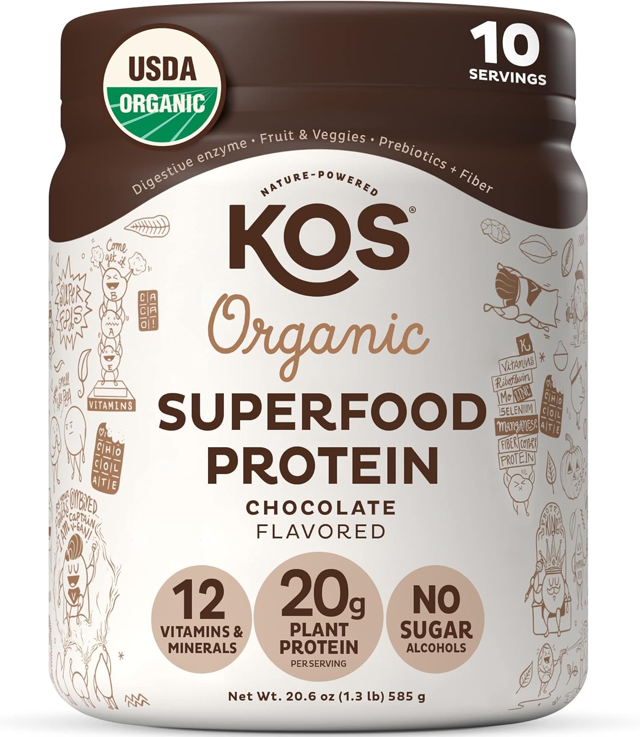 KOS Vegan Protein Powder, Chocolate USDA Organic - Low Carb Pea Protein Blend, Plant Based Superfood with Vitamins & Minerals - Keto, Soy, Gluten Free - Meal Replacement for Women & Men - 10 Servings