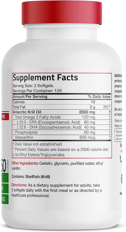Bronson Antarctic Krill Oil 2000 mg with Omega-3s EPA, DHA, Astaxanthin and Phospholipids, 250 Softgels (125 Servings)