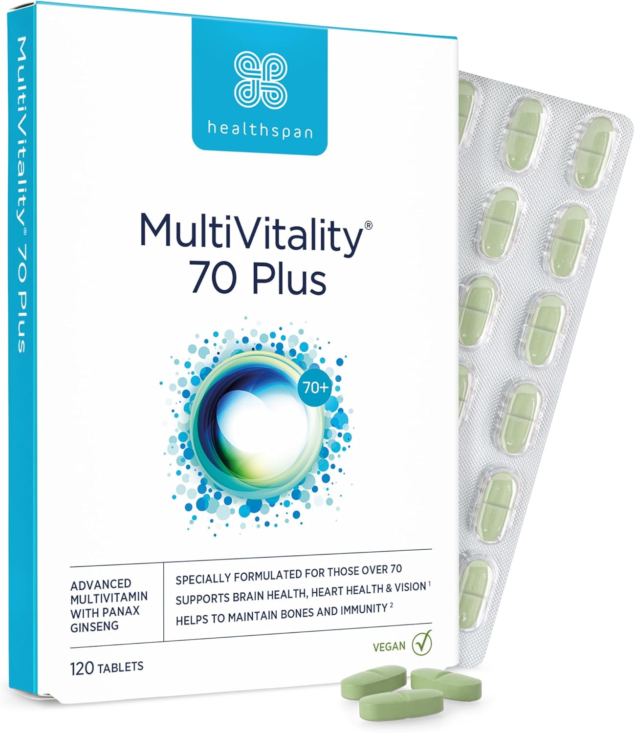 Healthspan Multivitamin 70 Plus | (120 Tablets) | Vitamin C & Vitamin D3 | Brain, Heart, Bone & Immunity Health | Ginseng, Bioflavonoids & Acetyl L-Carnitine | Vegan