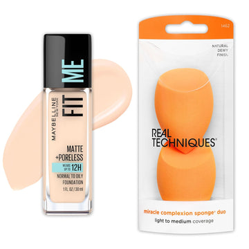 Maybelline Fit Me Matte + Poreless Liquid Foundation And Real Techniques Makeup Sponge Bundle, Includes 1 Foundation In Fair Ivory And 2 Miracle Complexion Makeup Sponges