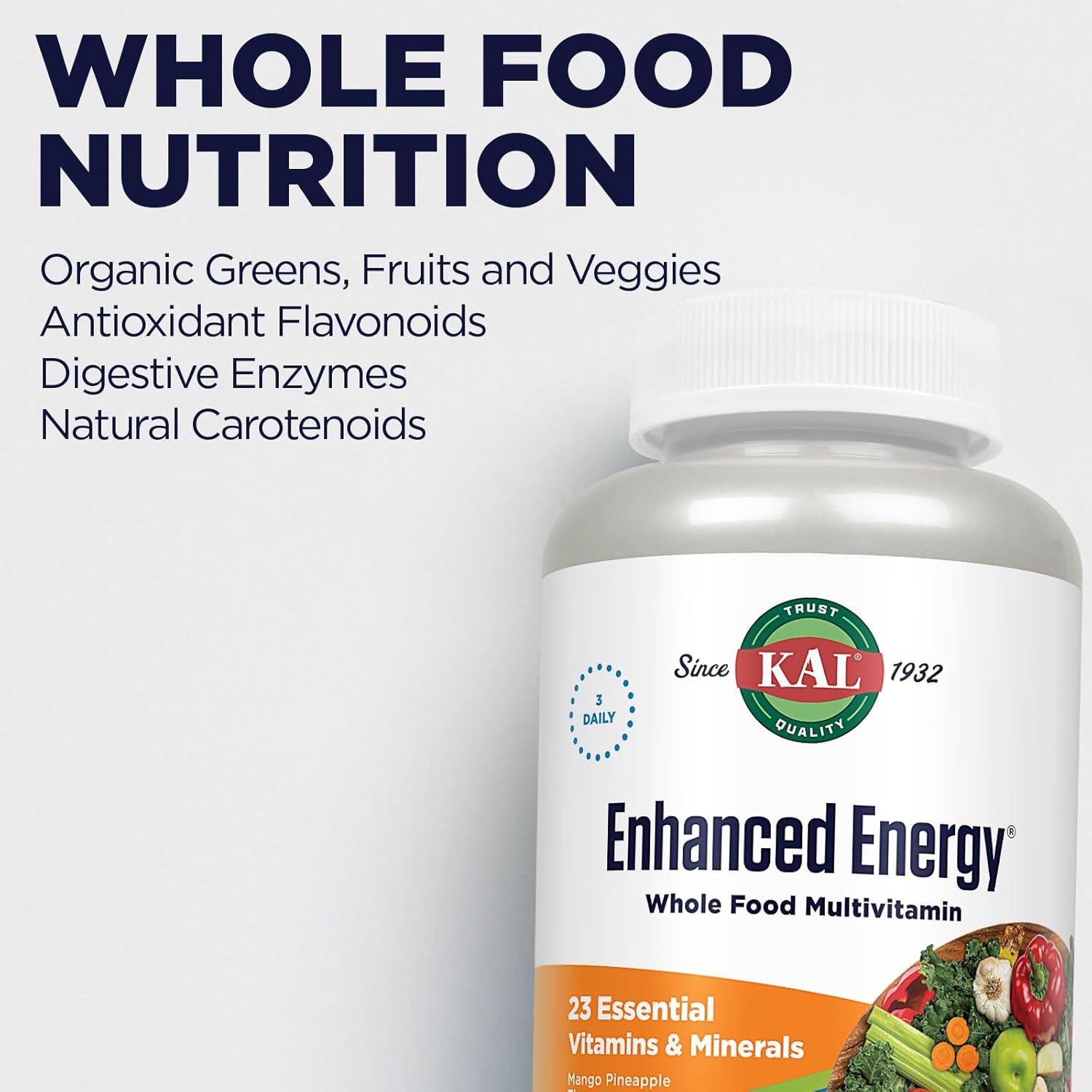 KAL Enhanced Energy Supplements, Whole Food Chewable Multivitamin with Iron, 3 Daily, 23 Essential Vitamins and Minerals, Super Foods, Enzymes, Mango Pineapple Flavor, 60-Day Guarantee, 20 Serv, 60ct : Health & Household